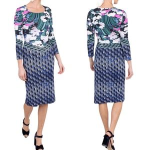 Mary Katrantzou Cloud Print Long Sleeve Jersey Bodycon Midi Dress sz S